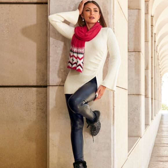 Boston Proper M Side Slit Ruched Sweater | Tunic Flare Sleeves Ribbed, Off-White - Picture 4 of 9